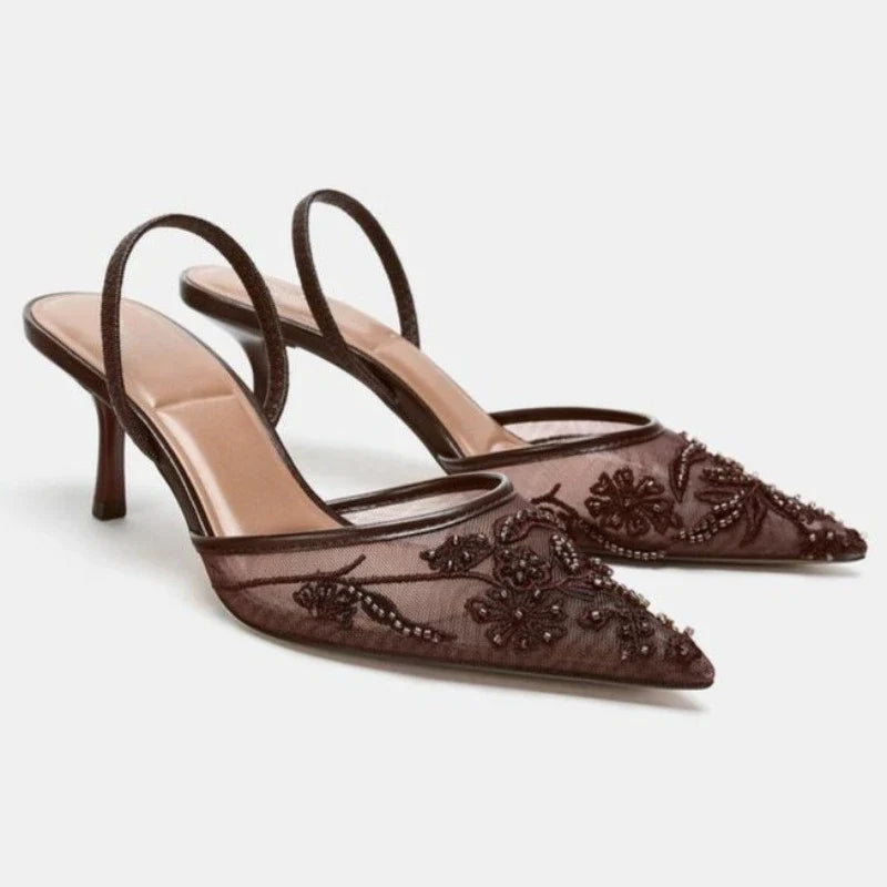 Sexy Pointed Toe Mesh Embroider High Heels for ladies Elegant String Bead pumps Summer Luxury Designer Shoe Brown Heeled Sandals
