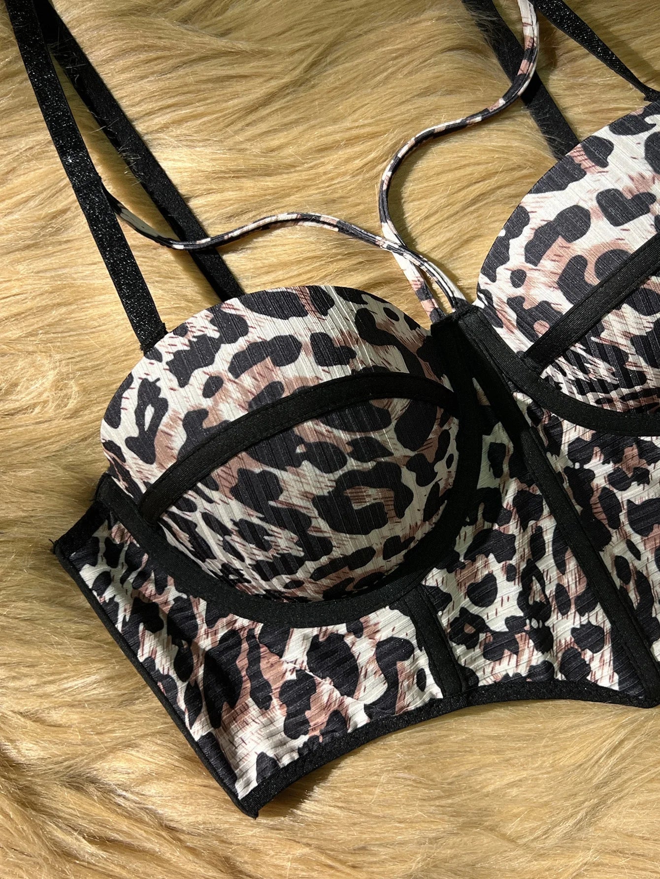 Hot Leopard Print Women's Corset Bra, Strappy Push up Bra Bustier Sexy Crop Top for Party
