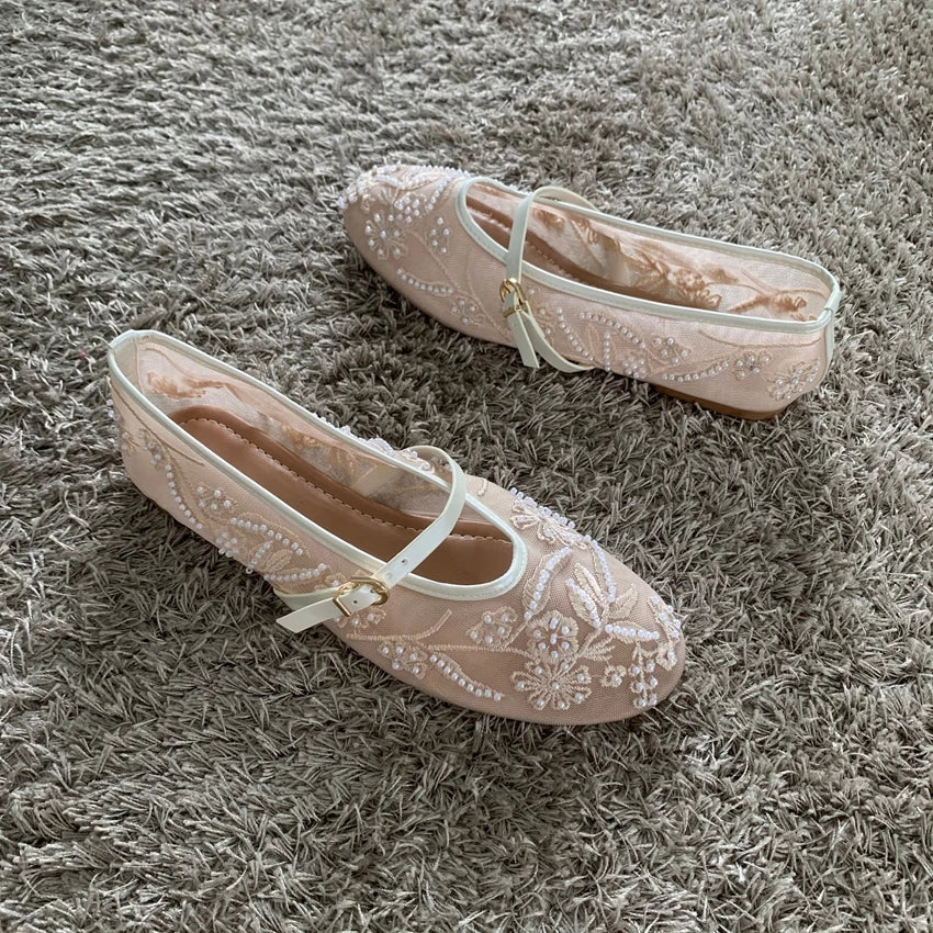 Mesh Embroidery String Bead Design Women Ballet Flats Fashion Buckle Breathable Mary Jane Shoe Comfort Low Heel Soft Flat Sandal