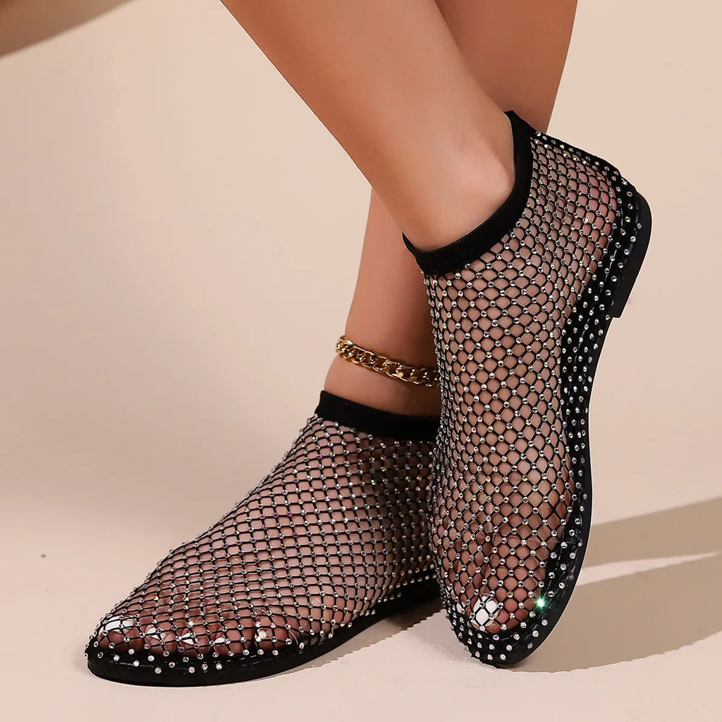 New Women's Luxury Brand Round Toe Flat Bottom Sandals Summer Hollow Short Boots Water Diamond Sexy Flat Bottom Shoes Sandals