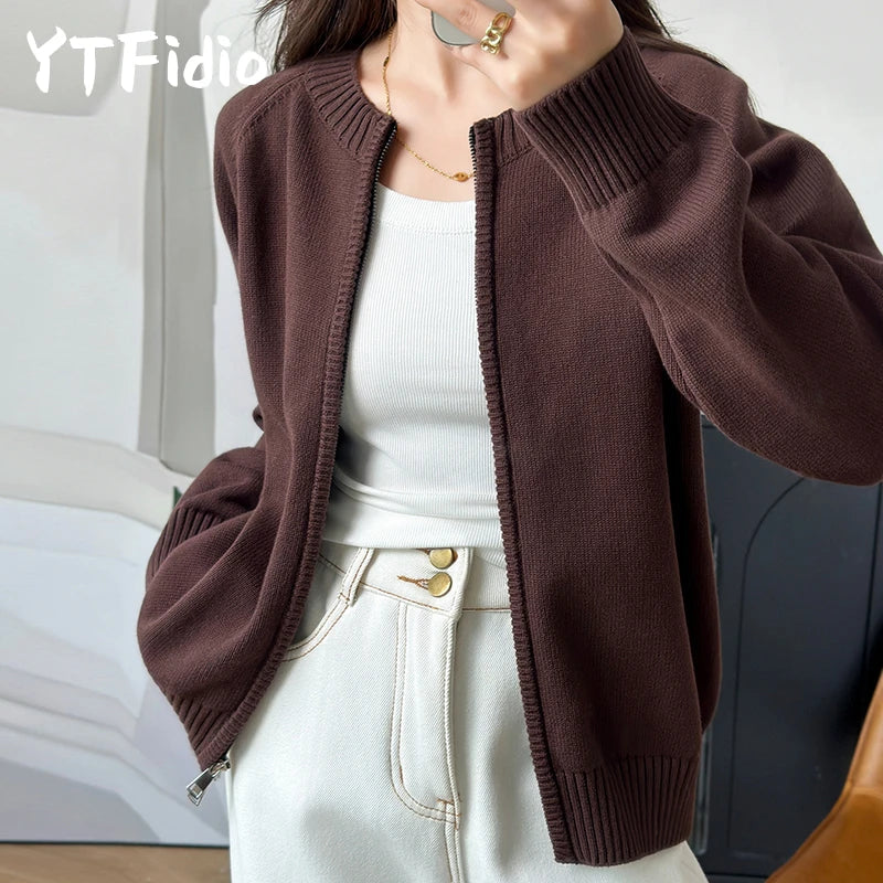 YTFidio 100% Cotton Women O-neck Thick Zipper  Solid Cardigan Luxury Designer Clothing Woman Pullover Female Tops 401