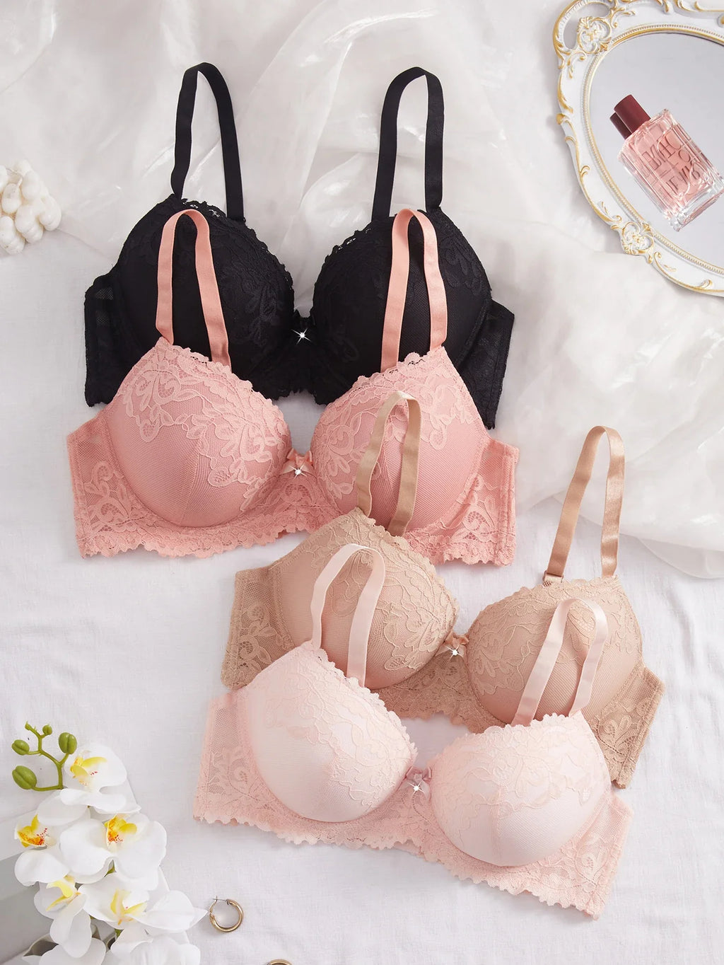 4Pcs Daily Plus Size Floral Lace Women's Underwear Set Thin Cup Push up Bra Wide Strap Underwire Side Support Women Lingerie Bra