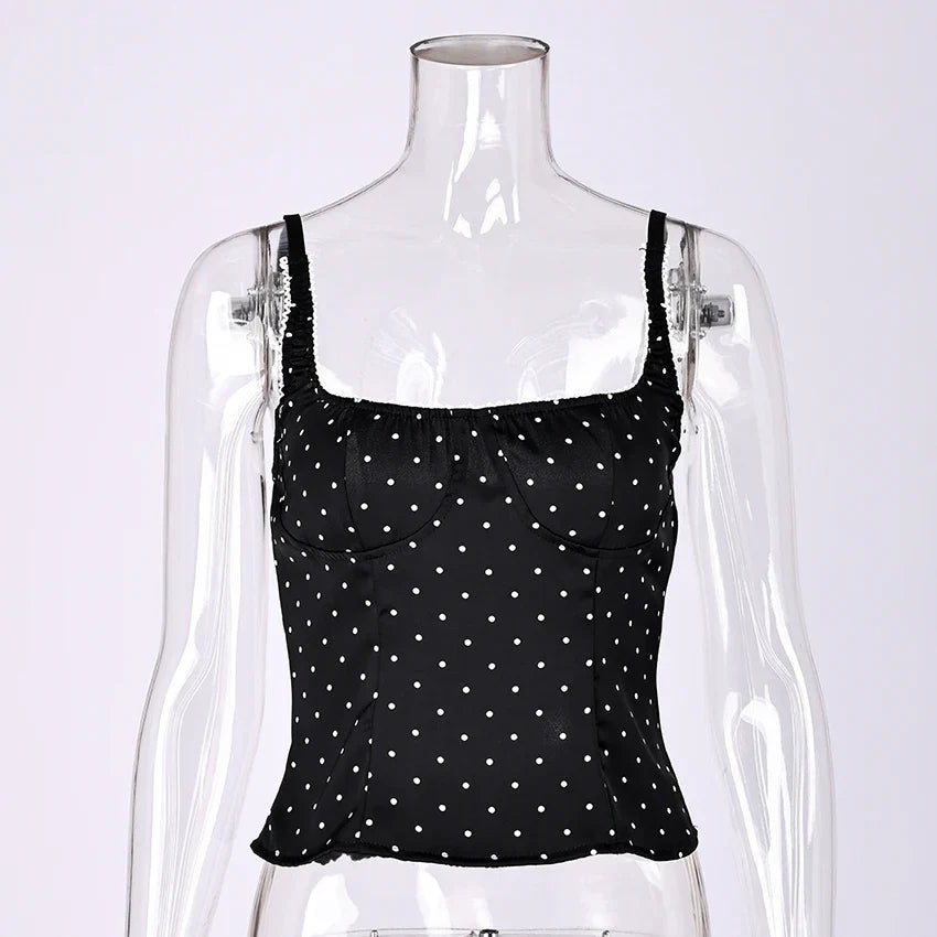 Linad Sexy Backless Polka Dot Tank Top Elegant Satin Spaghetti Strap Lace Camis Street Chic Sleeveless Vest Female 2025 Summer