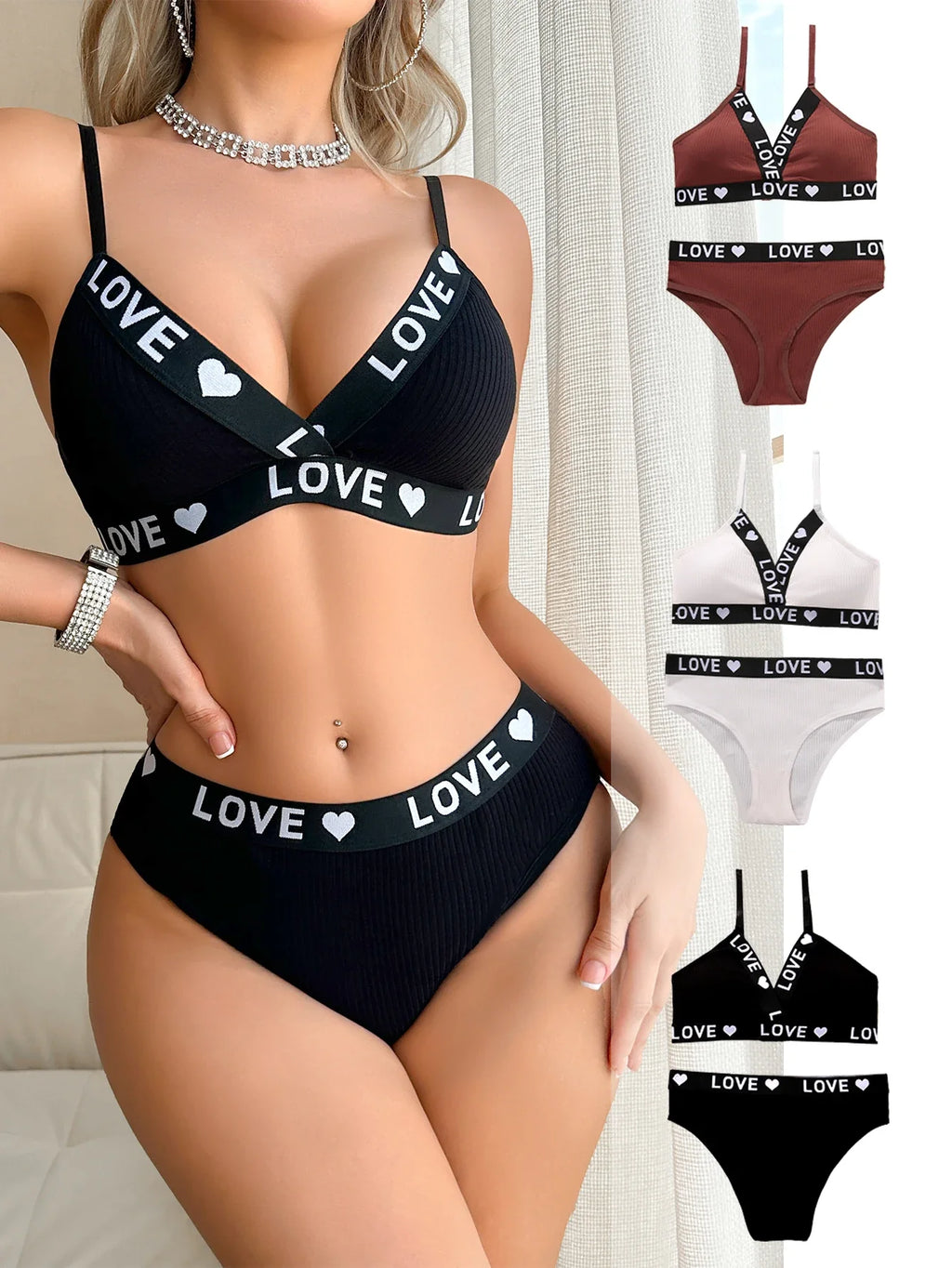 1 to 3-Piece Set Cotton Women's Underwear Set Rib Letter Print Removable Inner Wireless Push up Bra Soft Sexy Women's Underwear