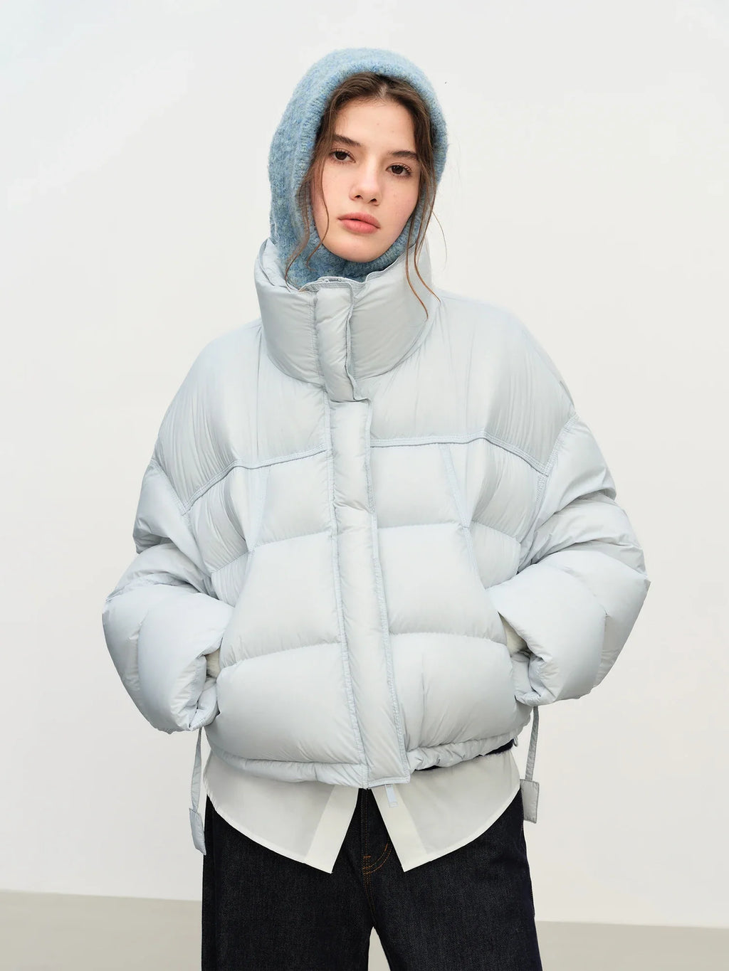 FSLE Winter 2025 Women Cloud-Like Puffer Coat - Stand Collar Short Down Jacket Lazy Chic Style Glossy Finish for Casual Comfort