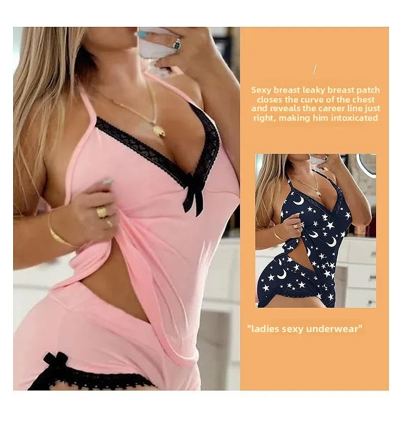 Sexy Lace Trim  Nightgown Set Large Size Home Wear Strap Sleepwear Two Piece Set Hot Sale