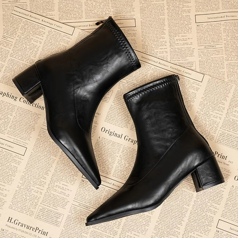 Fashion Vintage Thick Heels Women Slim Ankle Boots Autumn Winter Pointed Toe Stripper Party Short Booties Zapatos De Mujer