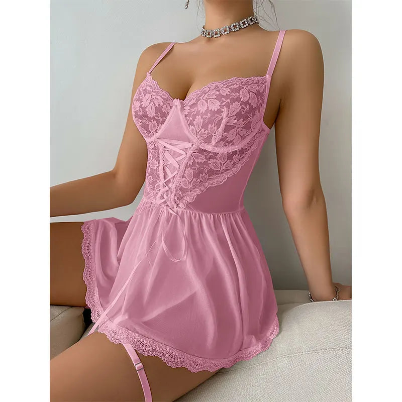 Hot Tulle Bra And Garter Set  Sexy Lingerie Set Transparent Women  Erotic Lace Sleepwear Sexy Underwear Deep V Dress