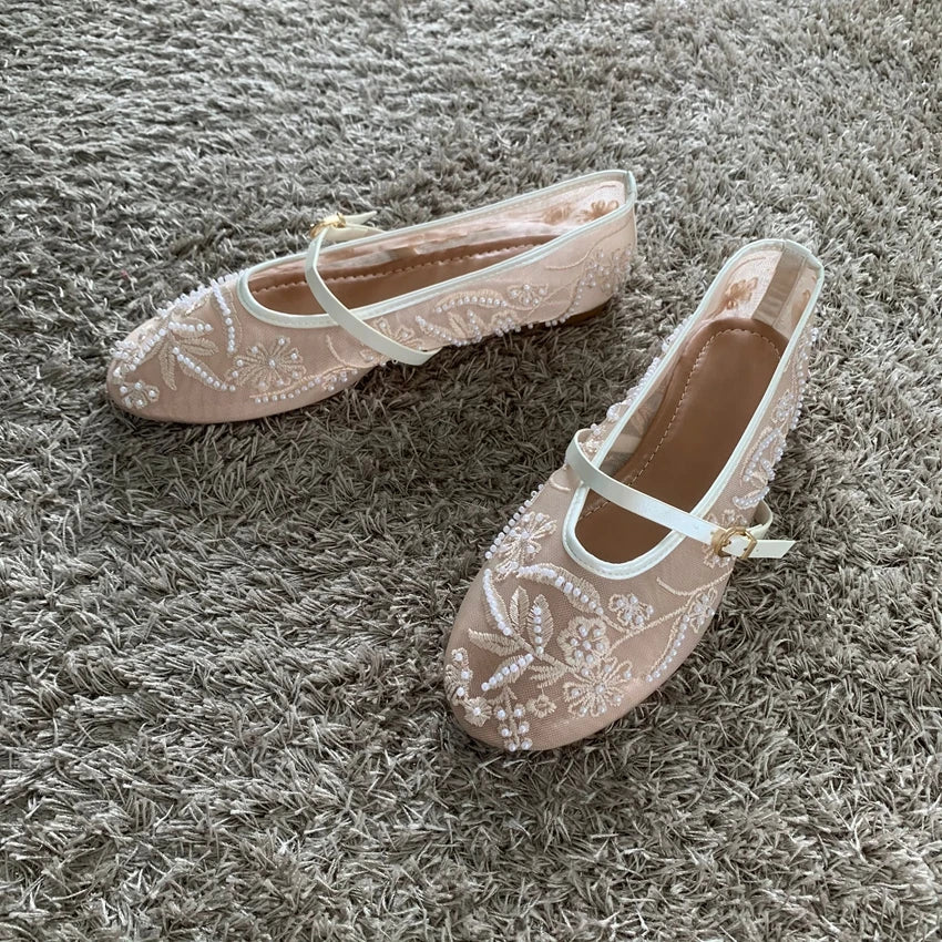 Mesh Embroidery String Bead Design Women Ballet Flats Fashion Buckle Breathable Mary Jane Shoe Comfort Low Heel Soft Flat Sandal