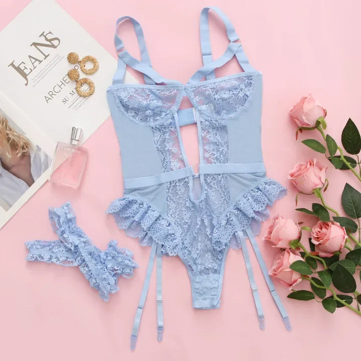 Floral Lace Garter Lingerie Set With Choker Women Intimates 2025 Underwire Bra And Thongs Ladies Underwear Set