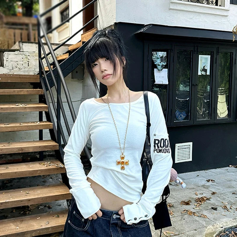 Tonngirls American Retro Print T-shirt Women Long Sleece Button Graphic Tops Y2k Tops 2000s Japanese Grunge Tops E-girls Autumn