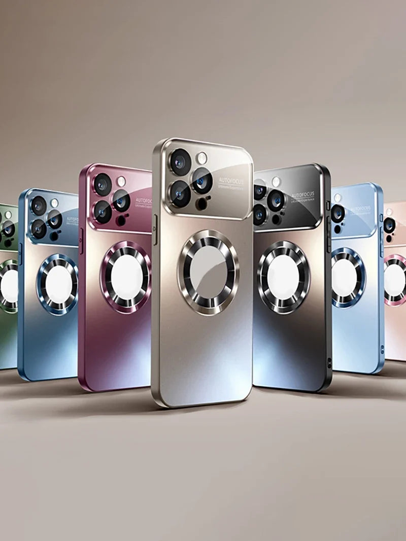 Luxury Glass Camera Lens Case for MagSafe Magnetic Wireless Charging, Shockproof Cover for iPhone 11 12 13 14 15 16 Pro Max Plus