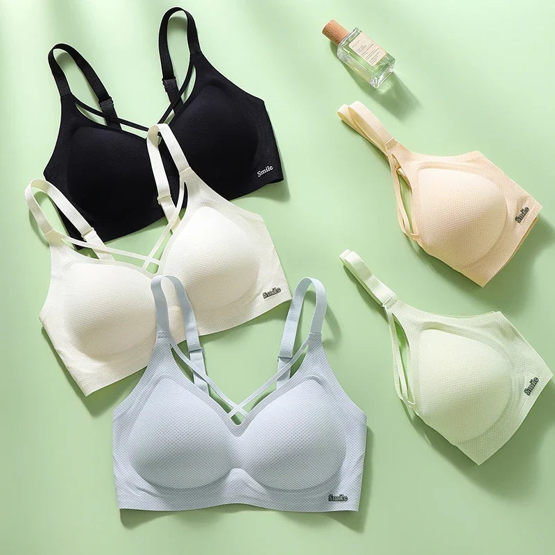 Traceless Half-Fixed Cup Women Underwear Thin Jelly Soft Support Anti Drop Adjustable No Steel Ring Super Soft Solid Color Bras