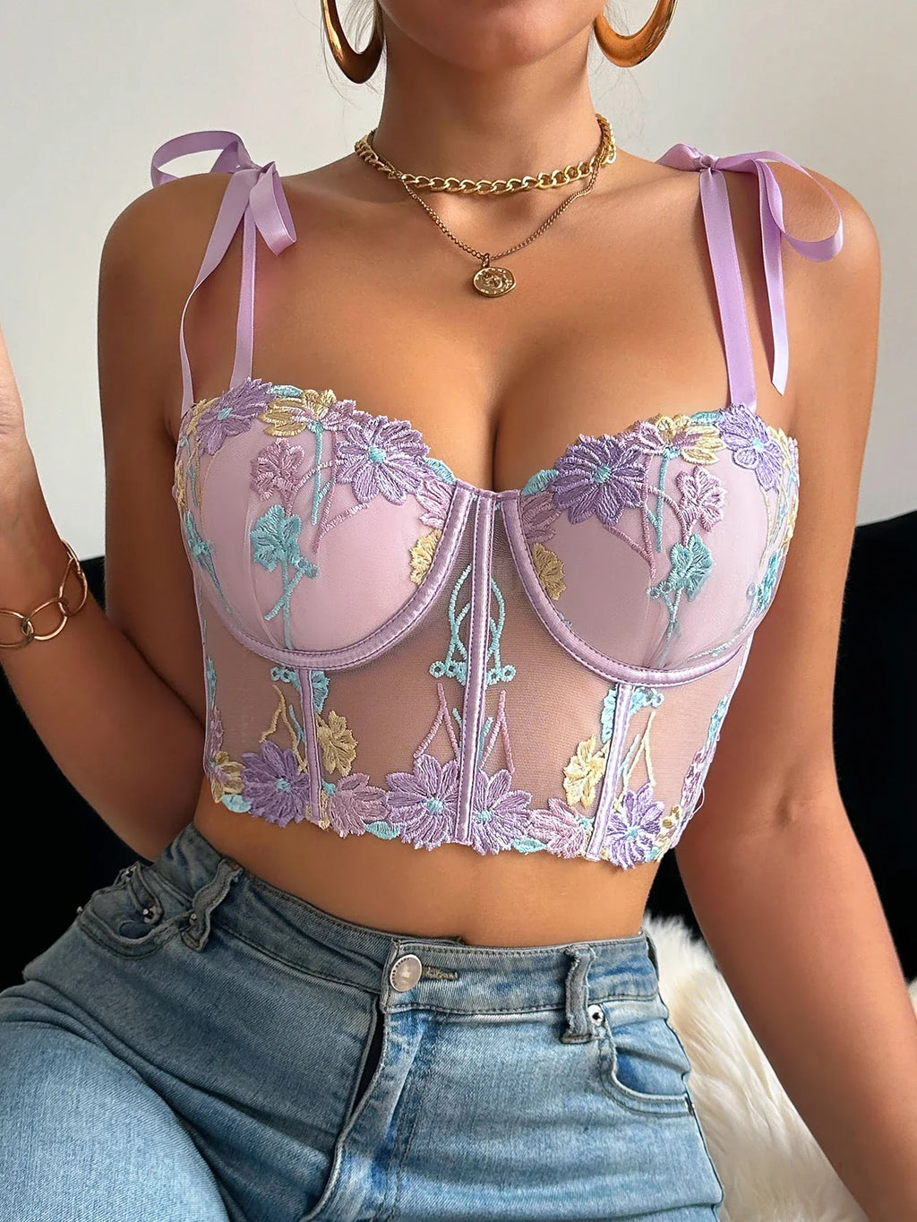 1Pcs Women's Sexy Bra Mesh Bustier Crop Top Floral Embroidery Push up Bra Hollow Out Lace Ladies' Underwear