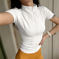 Women Summer Slim Yoga Tops Stand Collar Full Zipper Short Sleeves Shirts Solid Workout Clothes Gym Running Coats Lady Casual