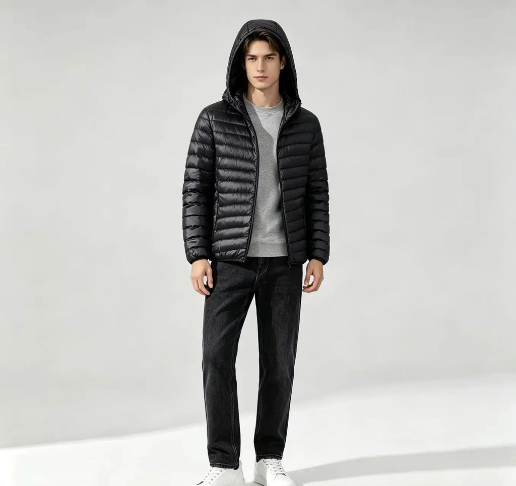 Men Solid Color Hooded Puffer Coat, Winter Lightweight Casual Outdoor Sports Warm Jacket for Male