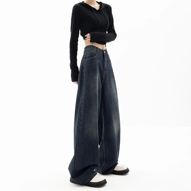 Women's Retro Street Style High-Waisted Wide Leg Pants Floor-Length Niche Design Loose Fit Slimming Jeans