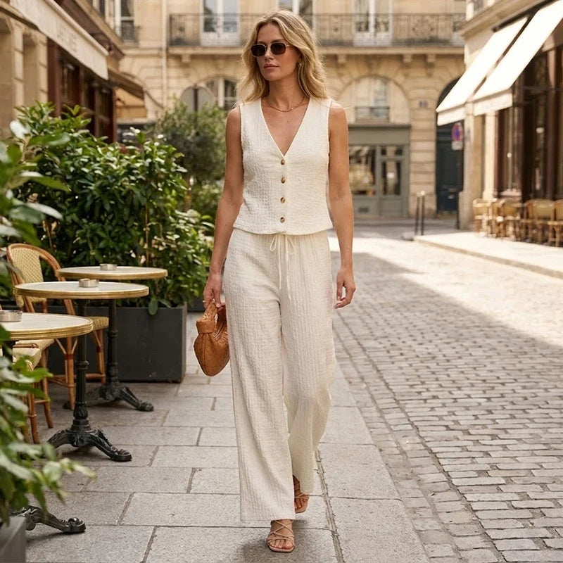 Willshela Women Fashion 2 Piece Set Solid Single Breasted Tank Tops & Vintage HIgh Elastic Waist Pants Female Chic Pants Suit