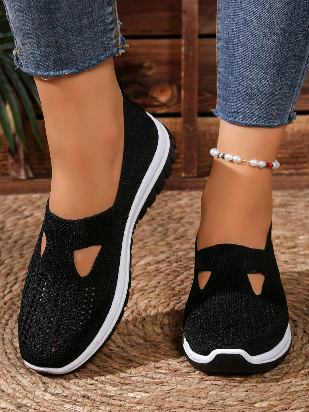 Women's Casual Mesh Sneakers – Cut-Out T-Strap & Cushioned Wedge Sole