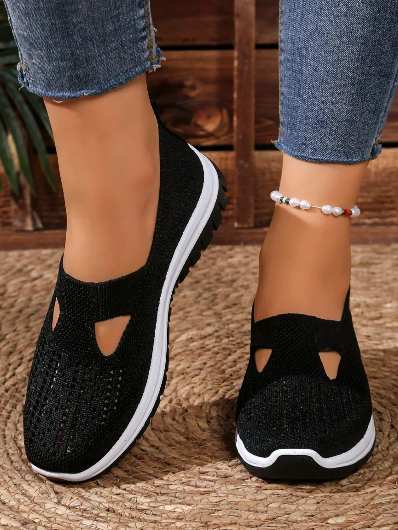 Women's Casual Mesh Sneakers – Cut-Out T-Strap & Cushioned Wedge Sole