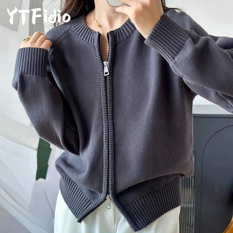 YTFidio 100% Cotton Women O-neck Thick Zipper  Solid Cardigan Luxury Designer Clothing Woman Pullover Female Tops 401