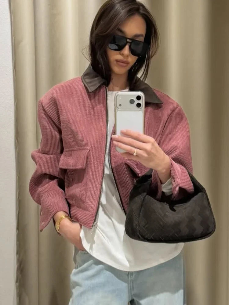 SLTNX Spring Pink Casual Jacket Women's Loose Fit Streetwear Front Zipper Pockets Lounge Wear Daily Outerwear