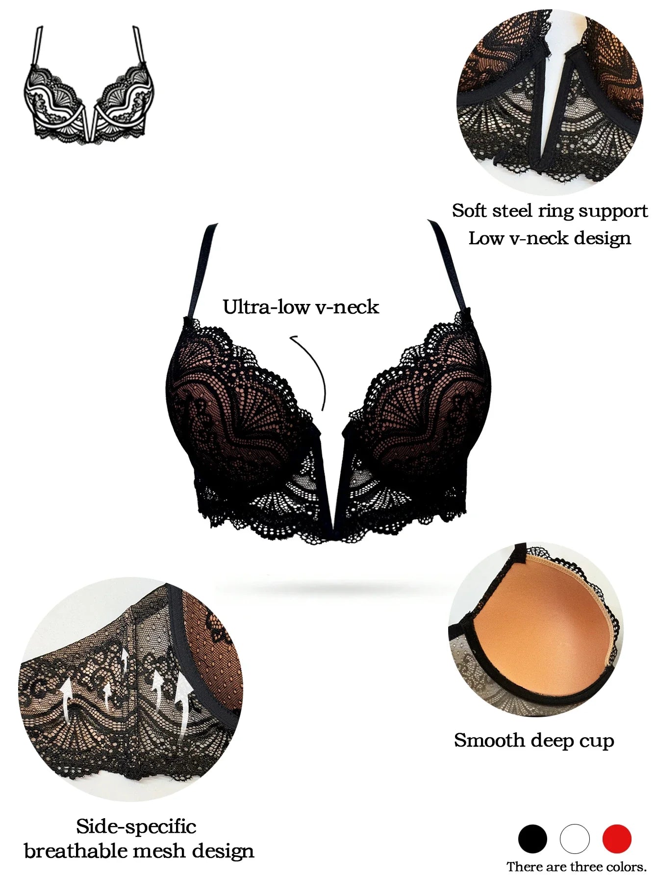 French Women's Lace Trim Bra Sexy Plunge Push Up Underwire Bra Chic & Elegant Ladies Lingerie Underwear