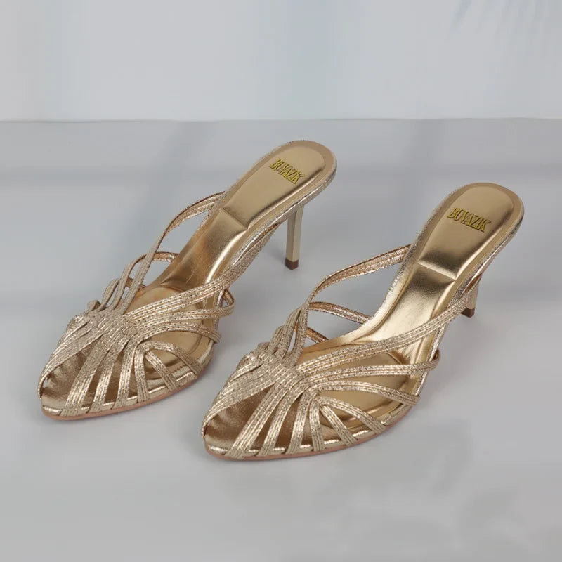 New Gold Hollow Thin Strip Heels for Women Luxury Pointed Toe Heeled Pumps Office Lady Mules Summer Stiletto Shoe Sandals 2025