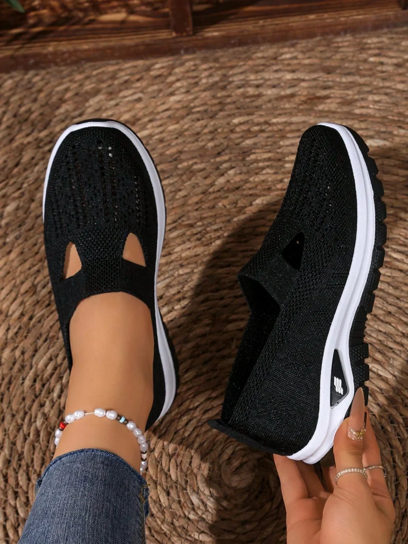 Women's Casual Mesh Sneakers – Cut-Out T-Strap & Cushioned Wedge Sole
