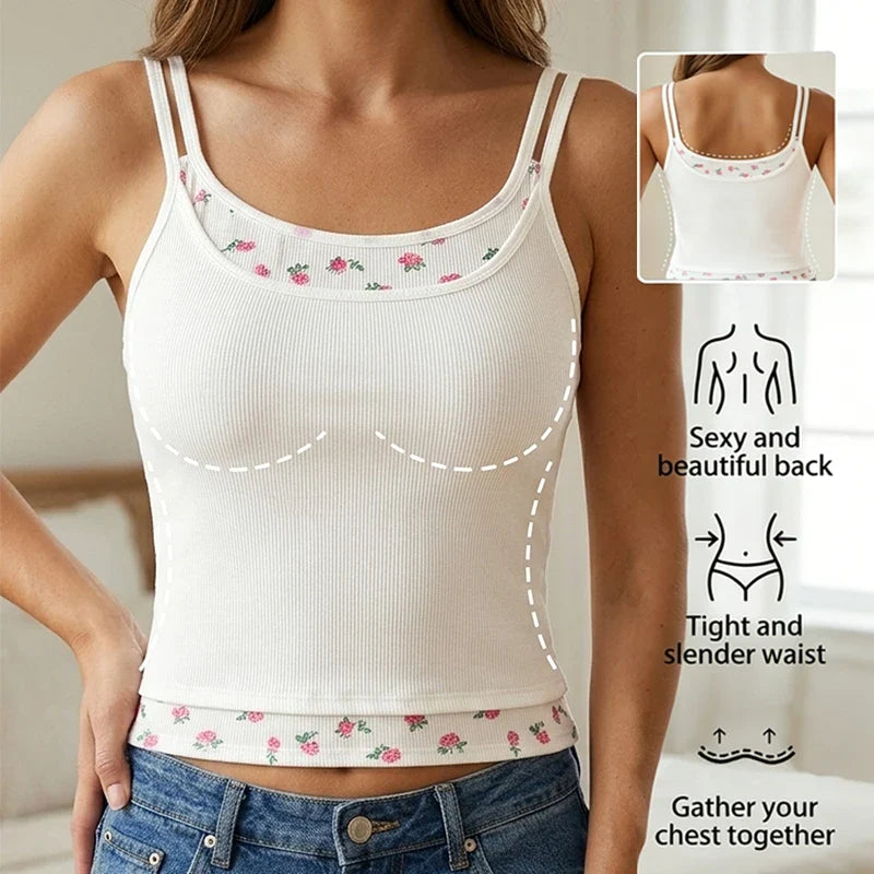 Women's Ribbed Cami Top with Floral Trim Built-in Bra Sleeveless Tank Top Fake Two-piece Slim Fit Casual Ladies Underwear