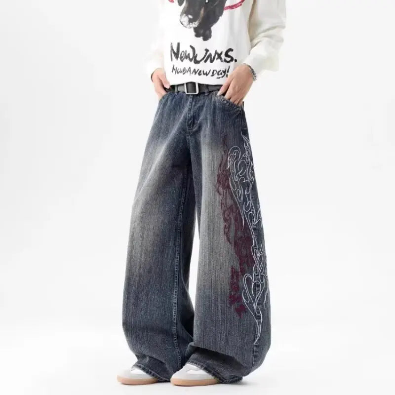 Women's Loose Straight Leg Jeans Elastic High-End Feel  European Fashion Embroidered Flower Trendy Versatile Wide Leg Jeans