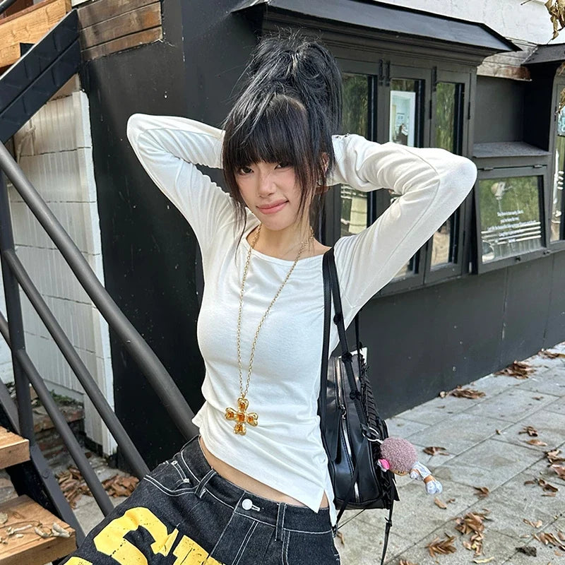 Tonngirls American Retro Print T-shirt Women Long Sleece Button Graphic Tops Y2k Tops 2000s Japanese Grunge Tops E-girls Autumn