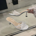 Summer Women Net Butterfly-knot Slippers Fashion Cover Pointed Toe Slip On Mules Shoes Thin High Heel Ladies Elegant Slides Pump