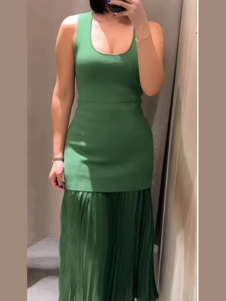 2025 Chic Splicing Brown Half Sleeve Maxi Dress Women's Casual Pleated A-line Slim Vestidos Female Office Commute Street Robes