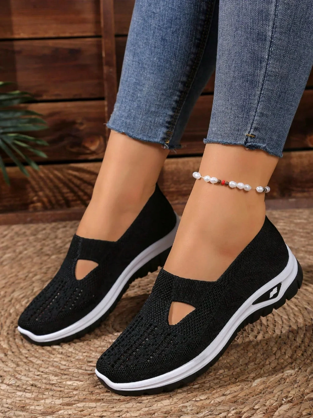 Women's Casual Mesh Sneakers – Cut-Out T-Strap & Cushioned Wedge Sole