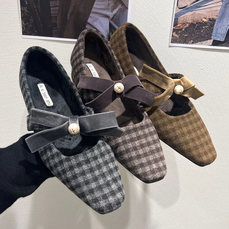 Elegant Chunky Heel Mary Jane Shoe for Women Bowknot Pearls Decoration Plaid Print Design Autumn Pumps Fashion Party Dress Heels