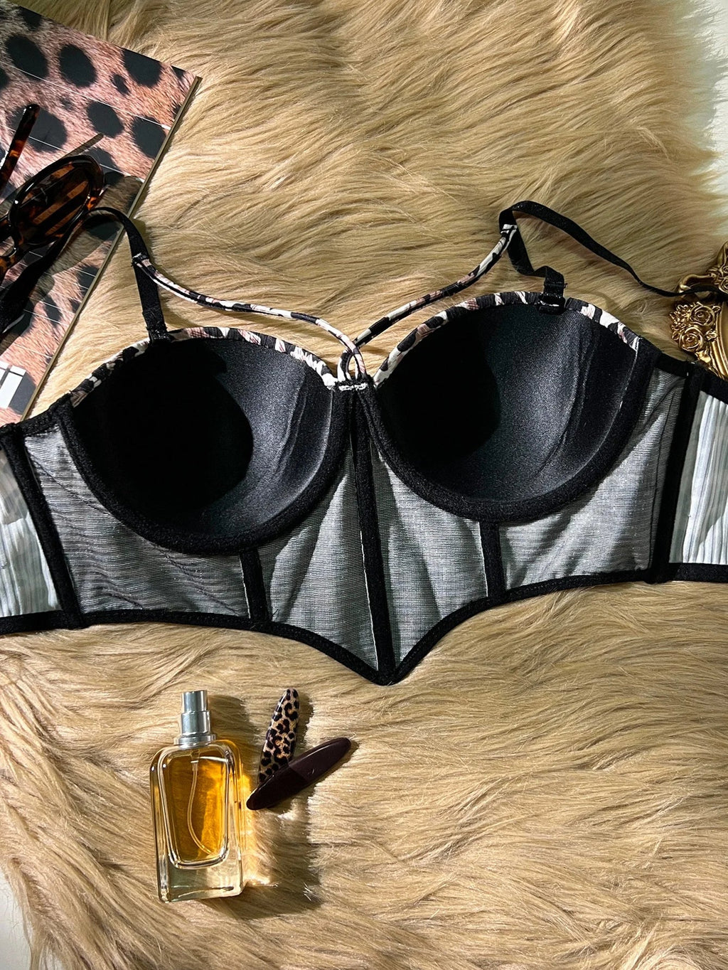 Hot Leopard Print Women's Corset Bra, Strappy Push up Bra Bustier Sexy Crop Top for Party