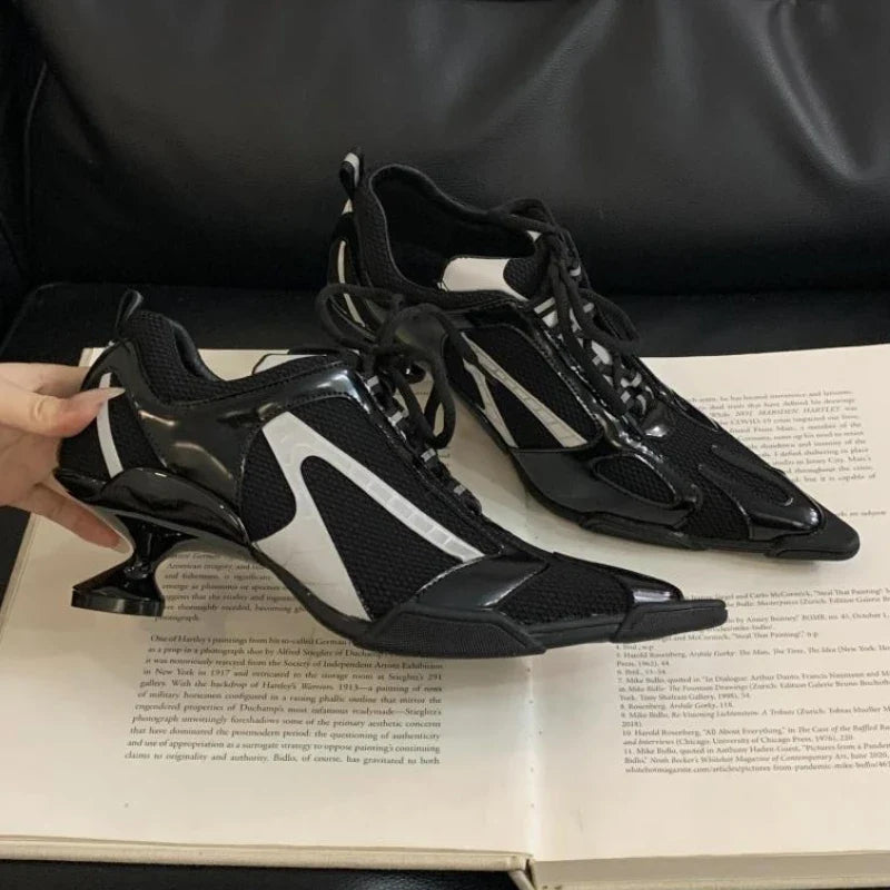 Silver Lace-up Sports Heels Women Fashions Pointed Toe Strange Style Mesh Sneakers Elegant Punk Shoes Female Luxury Brands Pumps