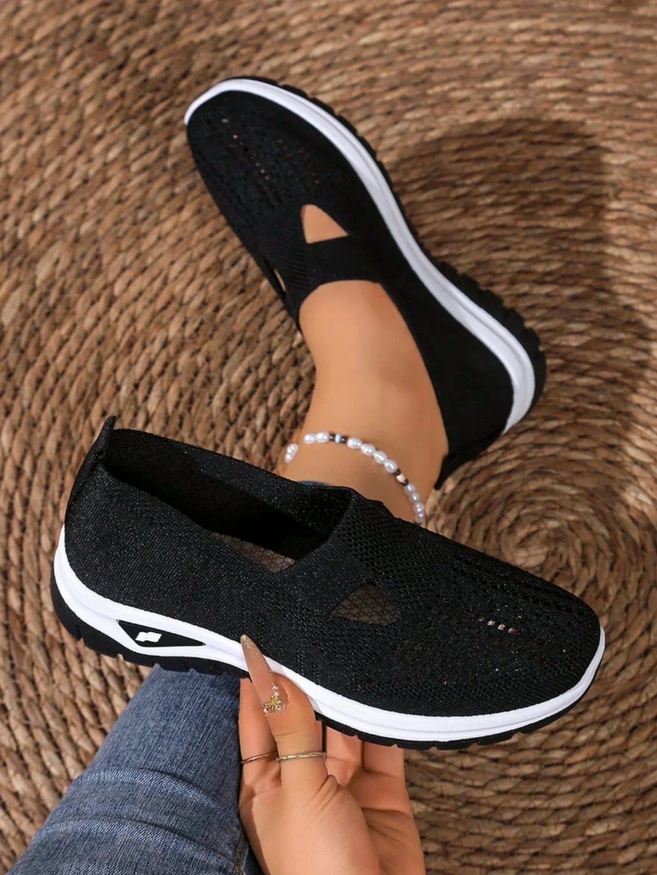 Women's Casual Mesh Sneakers – Cut-Out T-Strap & Cushioned Wedge Sole