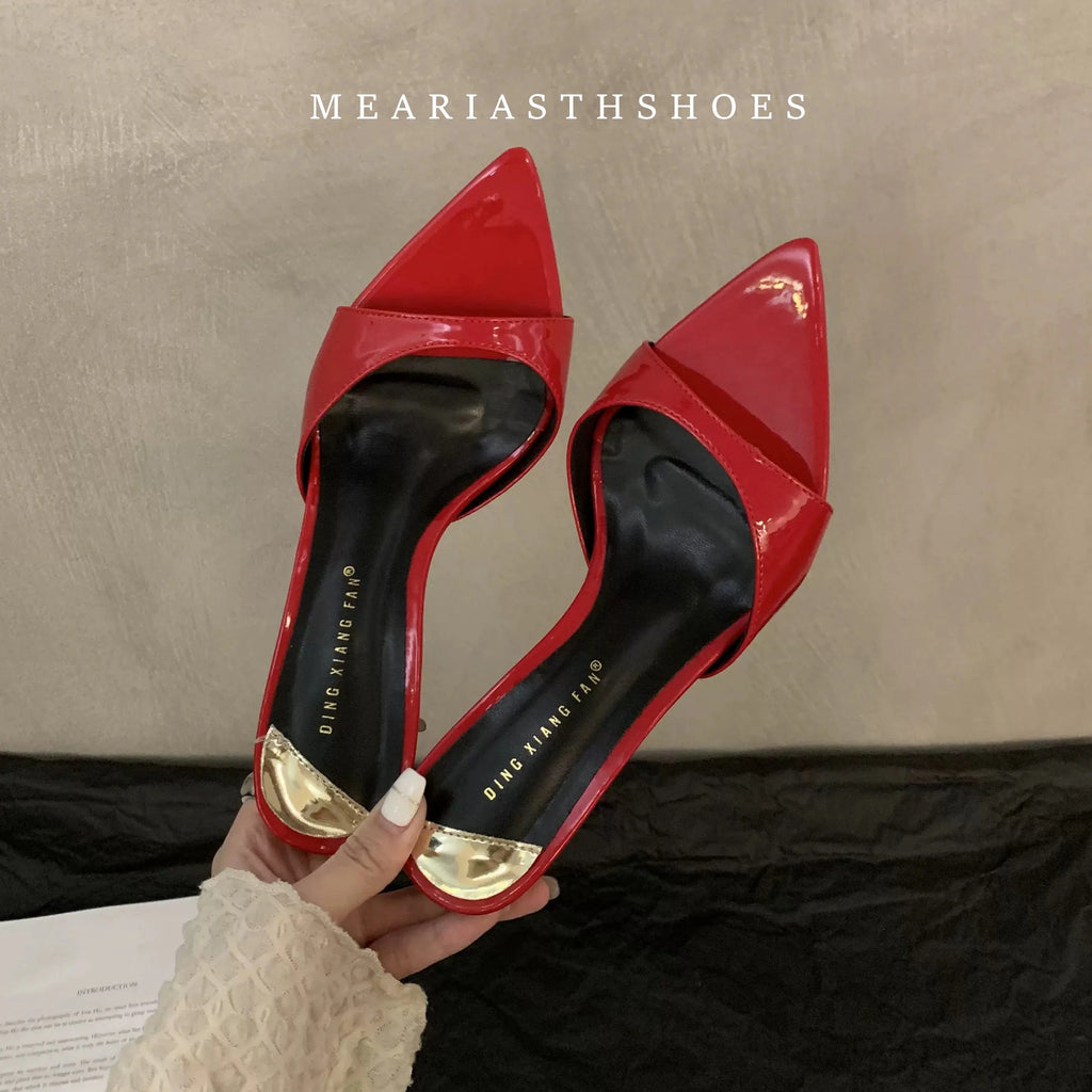 Ladies High-heeled Slippers Shoes Fashion Pointed Sexy Patent Leather Women with Open Toes and Party Wedding Stripper Sandals.