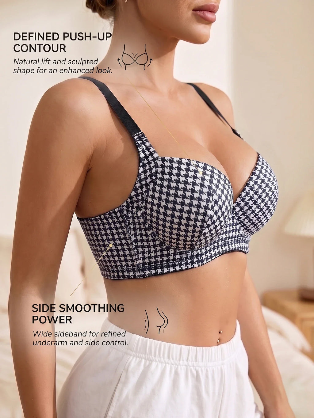 Women's Houndstooth Print Push-Up Bra Wide Elastic Straps Underwear Underwire Side Smoothing & Supportive Bra Women