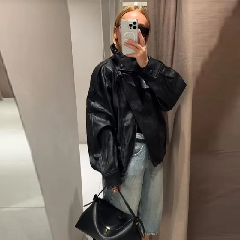 Stylish Pu Leather Jacket Stand-collar Loose Long Sleeved Coat Cool Casual Chic Versatile Outerwear New Autumn Women Streetwear