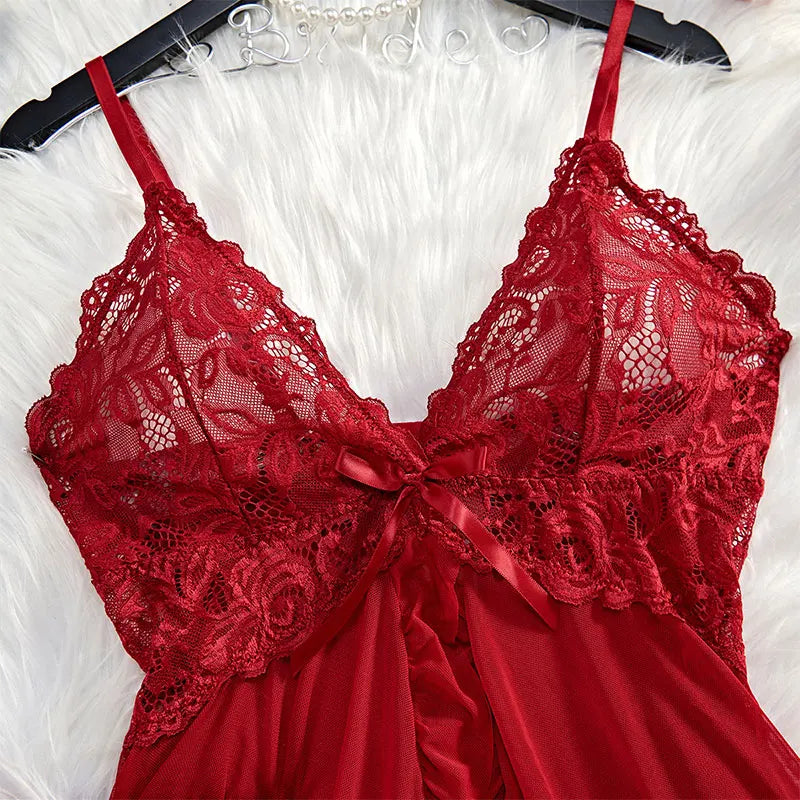Ultra Sexy Lingerie Women Lace SeeThrough Nightdress Erotic PajamasSolid Soft Slim V Neck Sleepwear Summer Dress & Thong Kit