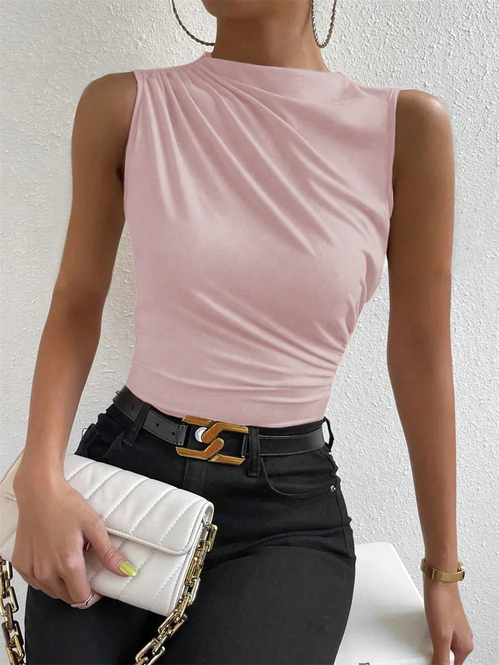 Women's Casual Mock Neck Ruched Tank Top Summer 2024 Solid Color Slim Fit Pleated Sleeveless T Shirt Tee Tshirt Streetwear