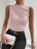 Women's Casual Mock Neck Ruched Tank Top Summer 2024 Solid Color Slim Fit Pleated Sleeveless T Shirt Tee Tshirt Streetwear