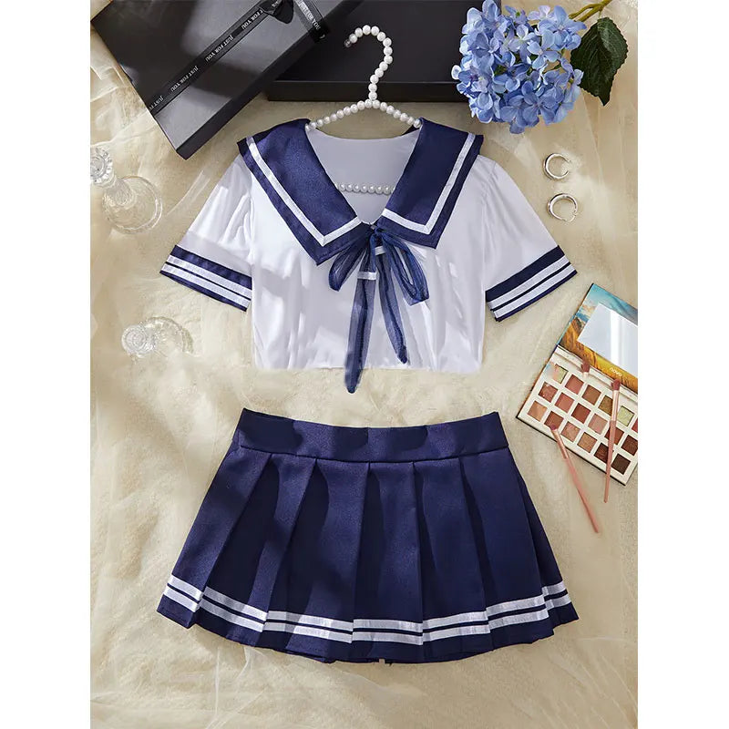 A Set Women Pajama Sexy Lingerie Pyjamas , Crop Top And Shorts ,JK Mini Skirt Tight Blouse Set ,Women Sleepwear Sets