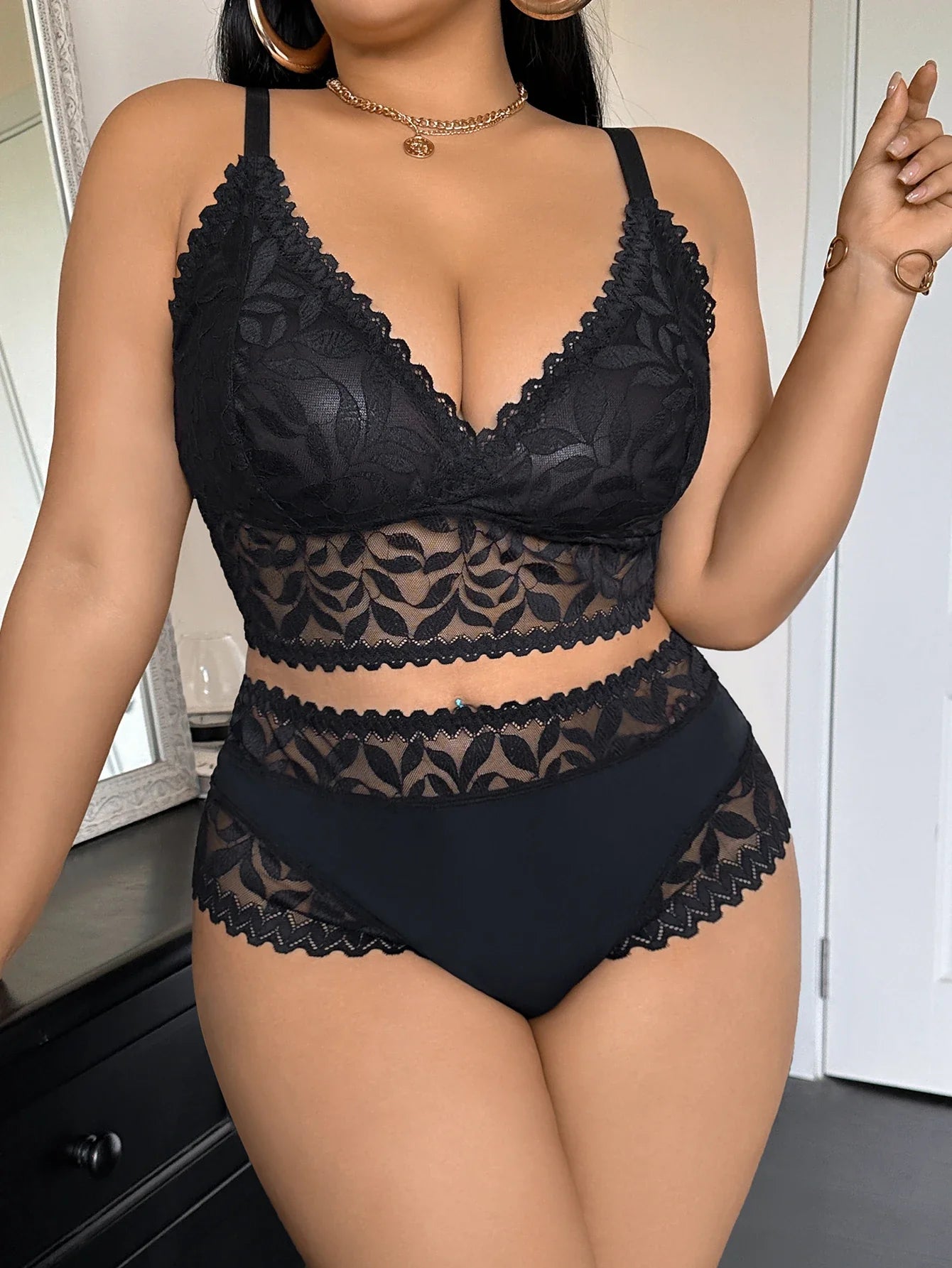 Women's Plus Size Sexy Lingerie Set Lace Floral Mesh Unlined Wireless Bra Breathable Sexy Lace Trim Panties 1Xl-4Xl