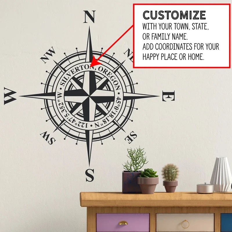 Customizable Compass Rose Wall or Ceiling Decal, Add Your Own Coordinates, Town, State or Family Name Nautical Home Decor AB37