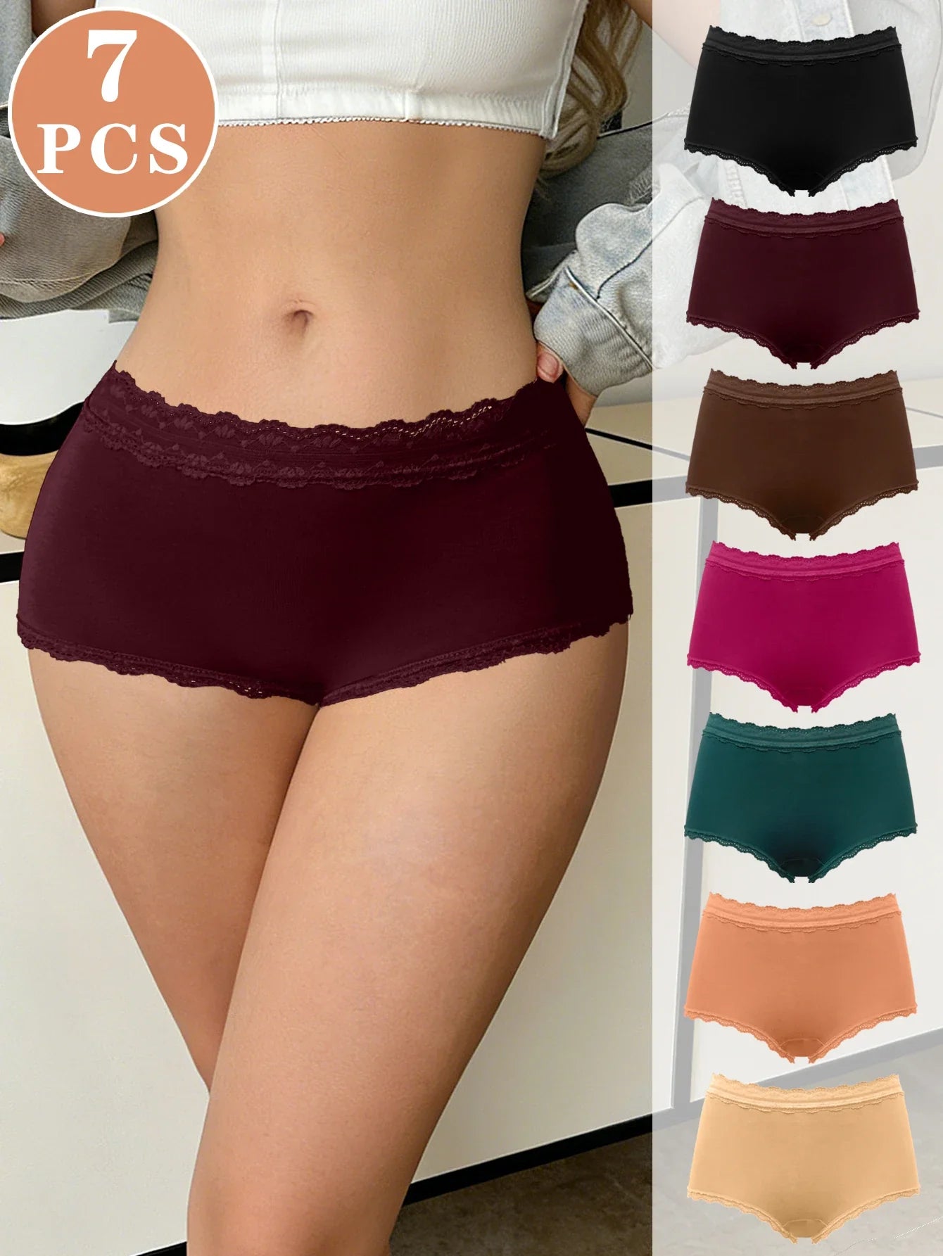 7Pcs/Set Women Lace Trim Seamless Panties Plain Sexy Lace Briefs Daily Breathable Girls Underwear Soft Plus Size Lingerie S-XXL