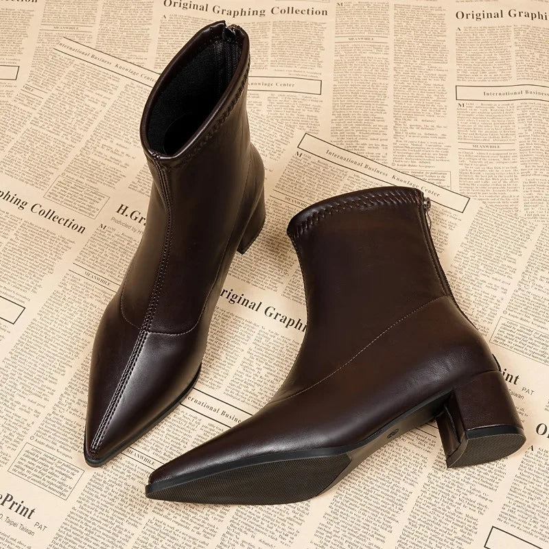 Fashion Vintage Thick Heels Women Slim Ankle Boots Autumn Winter Pointed Toe Stripper Party Short Booties Zapatos De Mujer